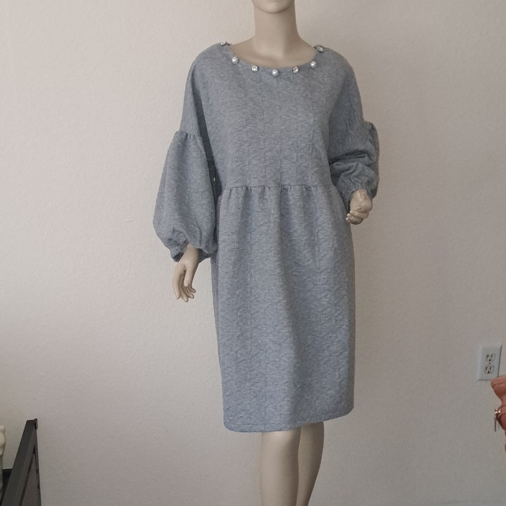 Gray  Dress with Pearl and Rhinestone Accents  Balloons Sleeves